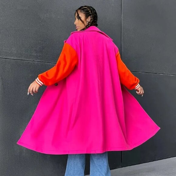Callie Lives Oversized Varsity 2Face Pink & Orange Trench Coat Plus Size 0X - Picture 3 of 3
